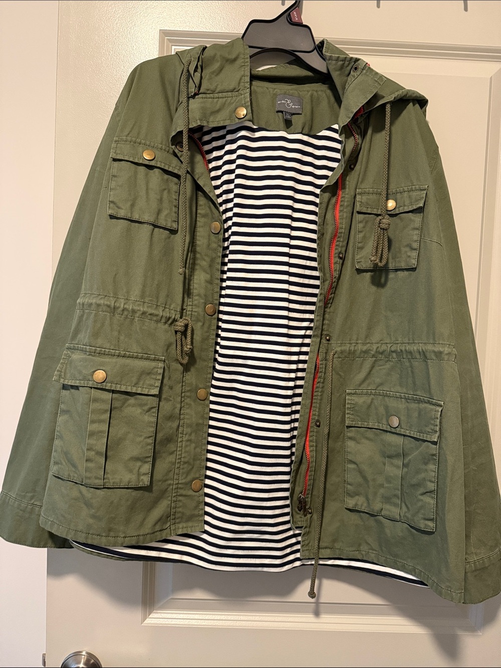 Market & Spruce Olive Green Field Jacket with Hood and Stripe-Lined Interior